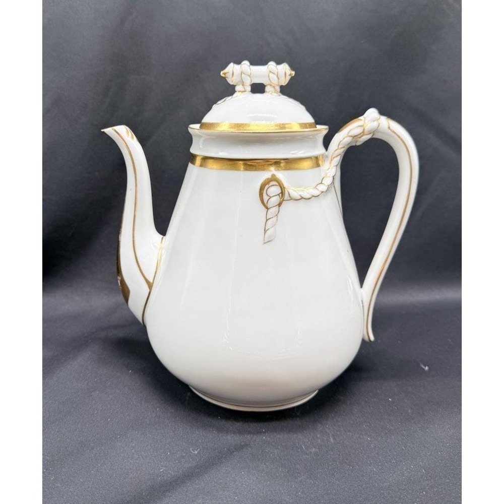 Antique Haviland Limoges White Teapot Gold Gilt Rope Handle Porcelain China